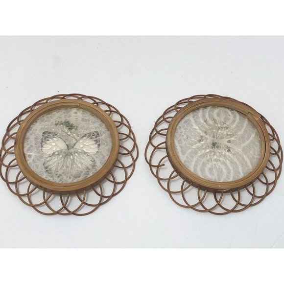 2 Vintage Wicker Butterfly Moth Boho Coasters - Picture 6 of 6